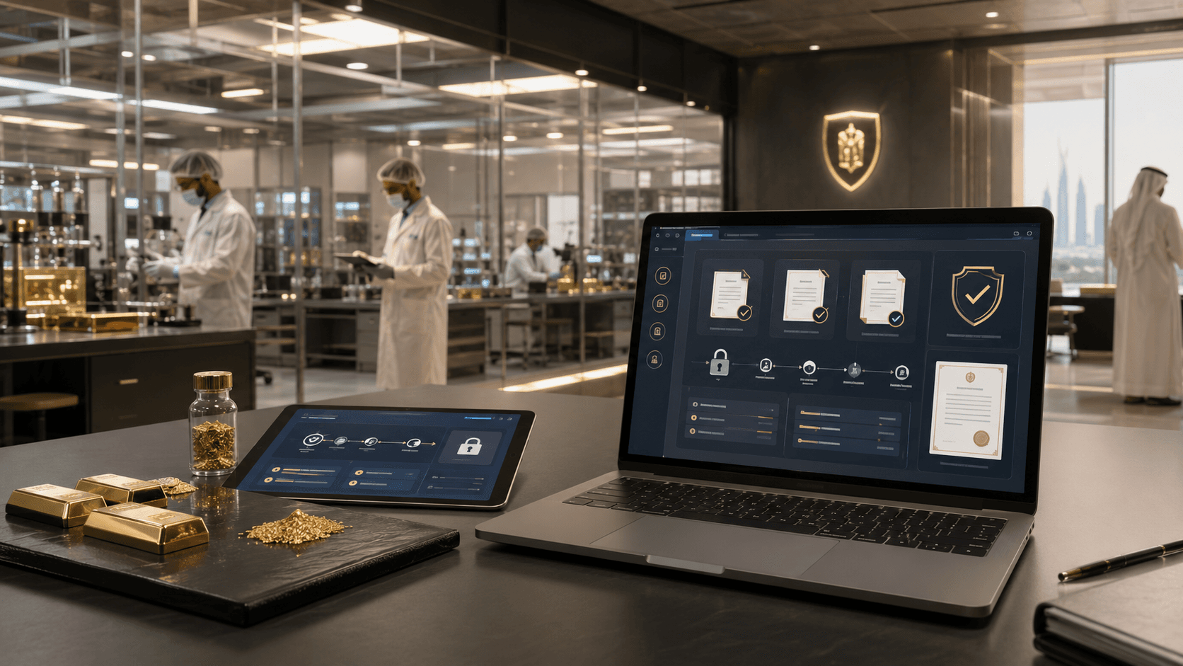 Gold refinery laboratory with digital compliance dashboards, certification records and gold bars