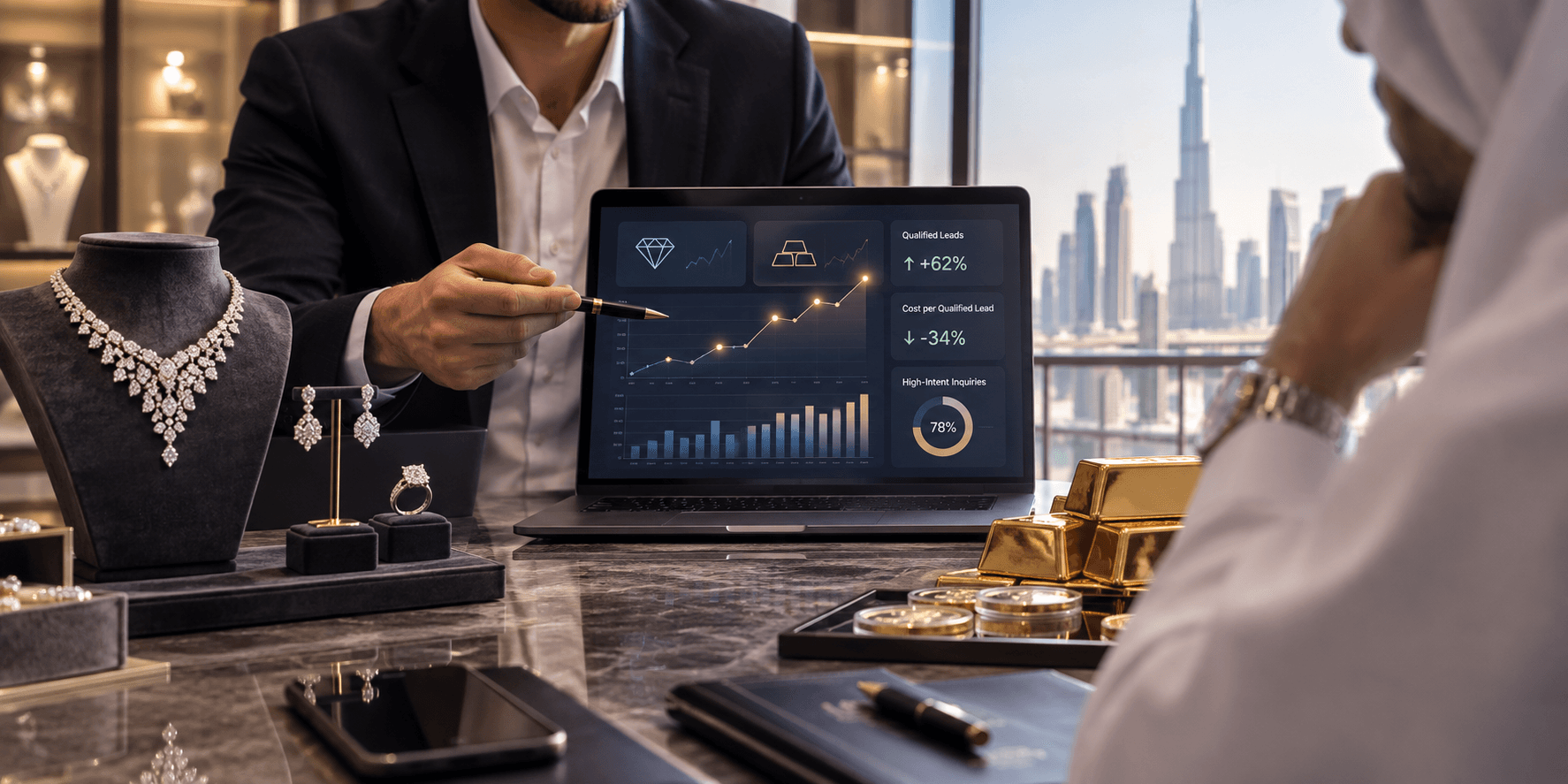 Luxury jewelry and gold bars beside a qualified-lead analytics dashboard in a Dubai showroom