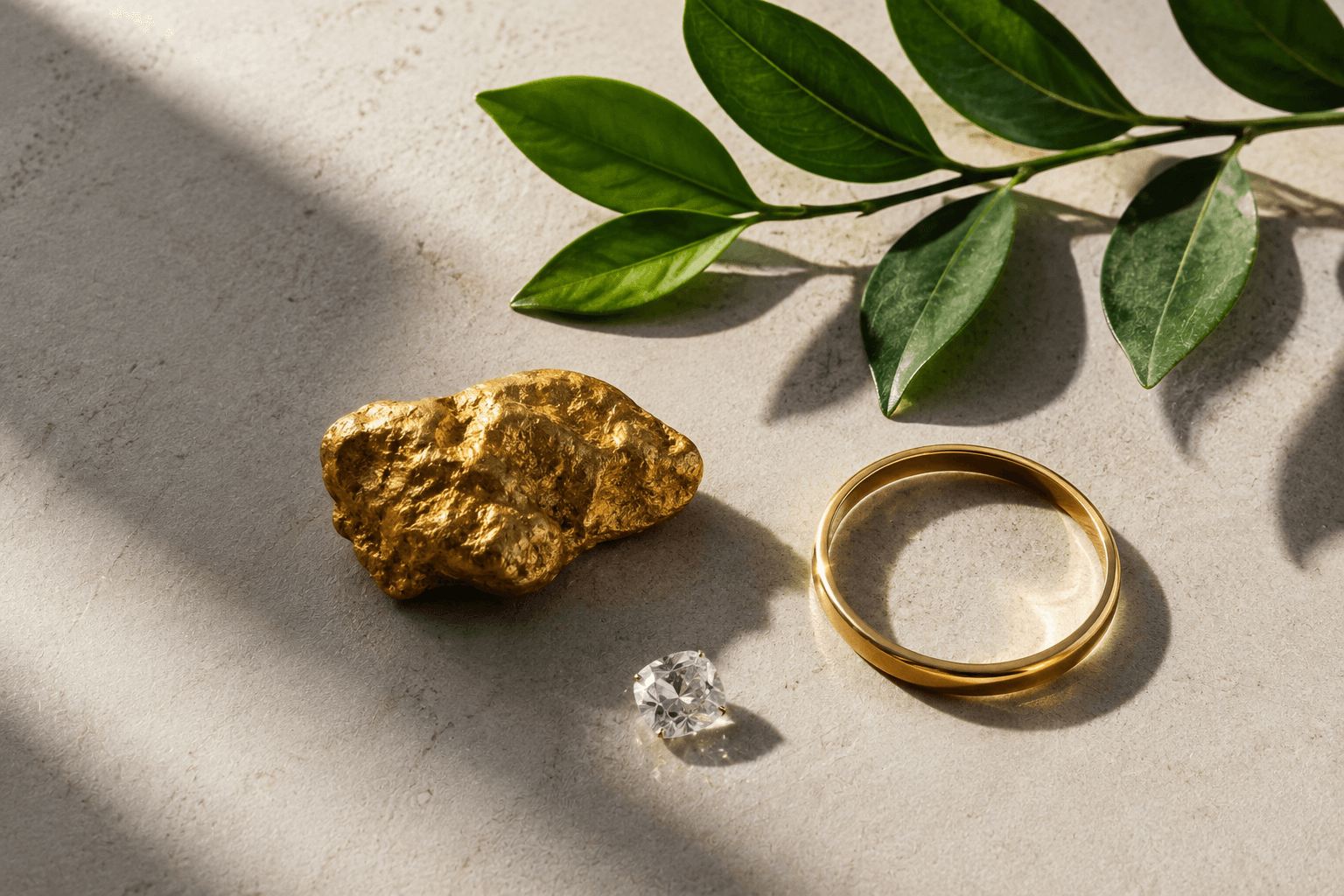 A raw gold nugget, polished gold ring and diamond arranged beside green leaves