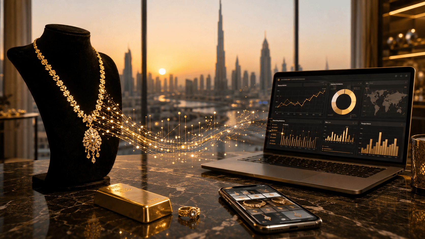 Fine jewelry, a gold bar and digital marketing analytics overlooking the Dubai skyline